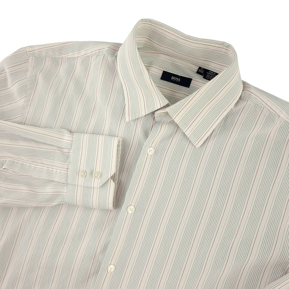 BOSS Hugo Boss Dress Shirt Mens 17 34/35 White Stripe Regular Fit Cotton